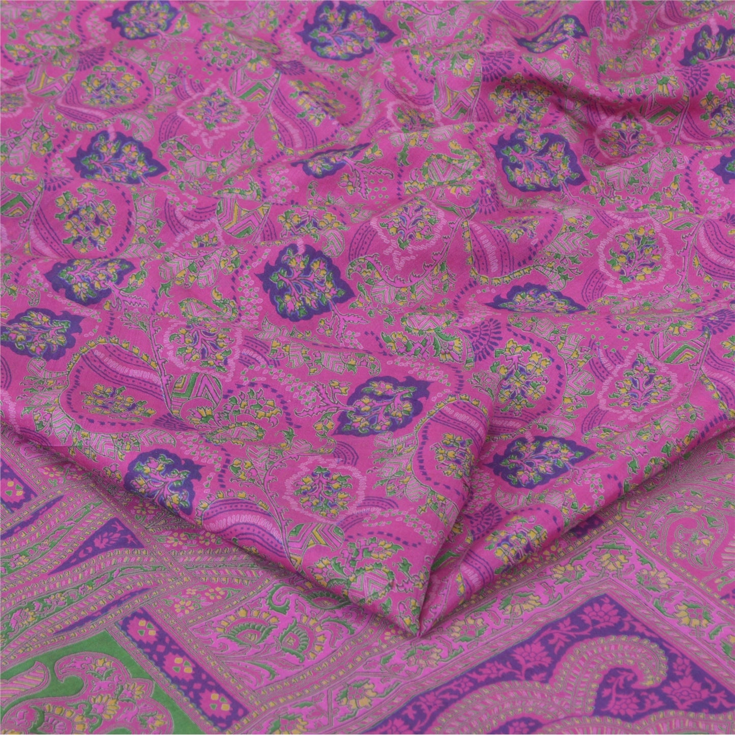 Sanskriti Vintage Sarees Purple Zari Border Pure Silk Printed Sari 6yd Fabric