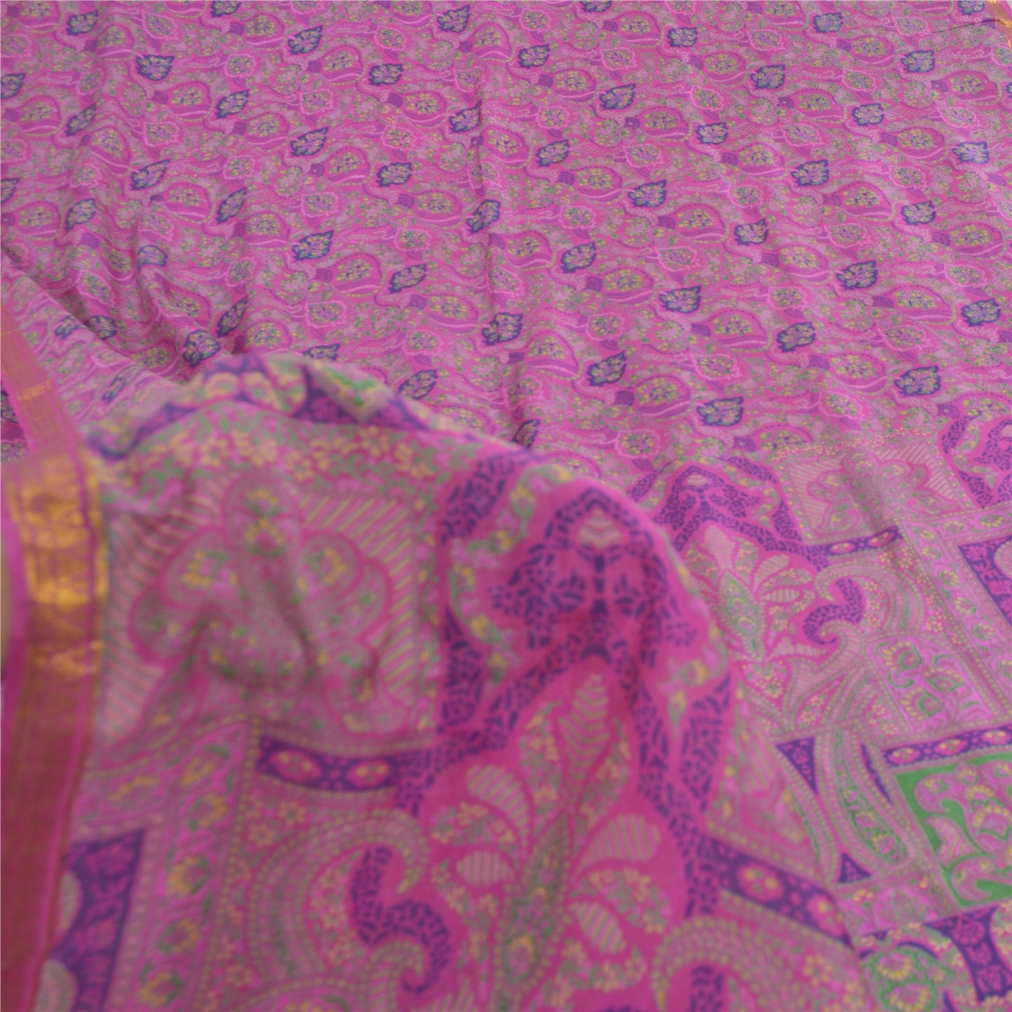 Sanskriti Vintage Sarees Purple Zari Border Pure Silk Printed Sari 6yd Fabric