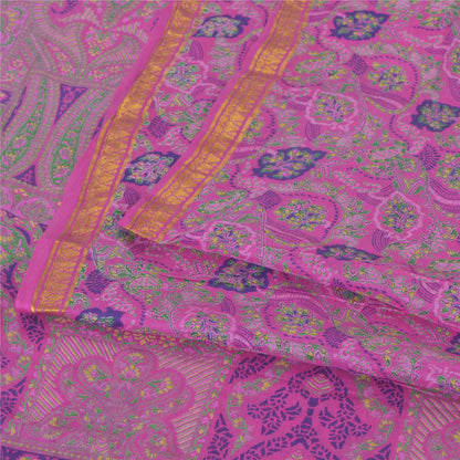 Sanskriti Vintage Sarees Purple Zari Border Pure Silk Printed Sari 6yd Fabric