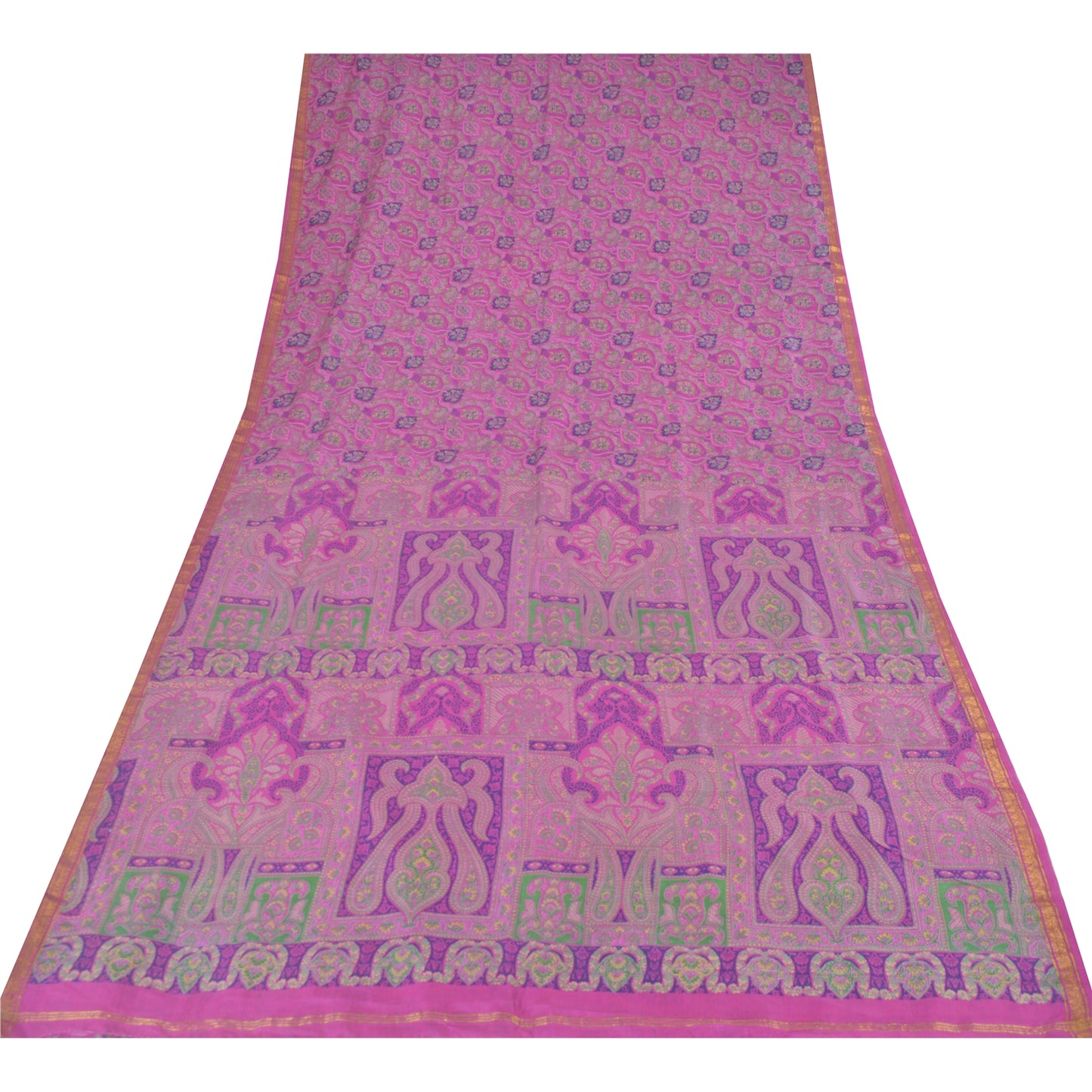 Sanskriti Vintage Sarees Purple Zari Border Pure Silk Printed Sari 6yd Fabric