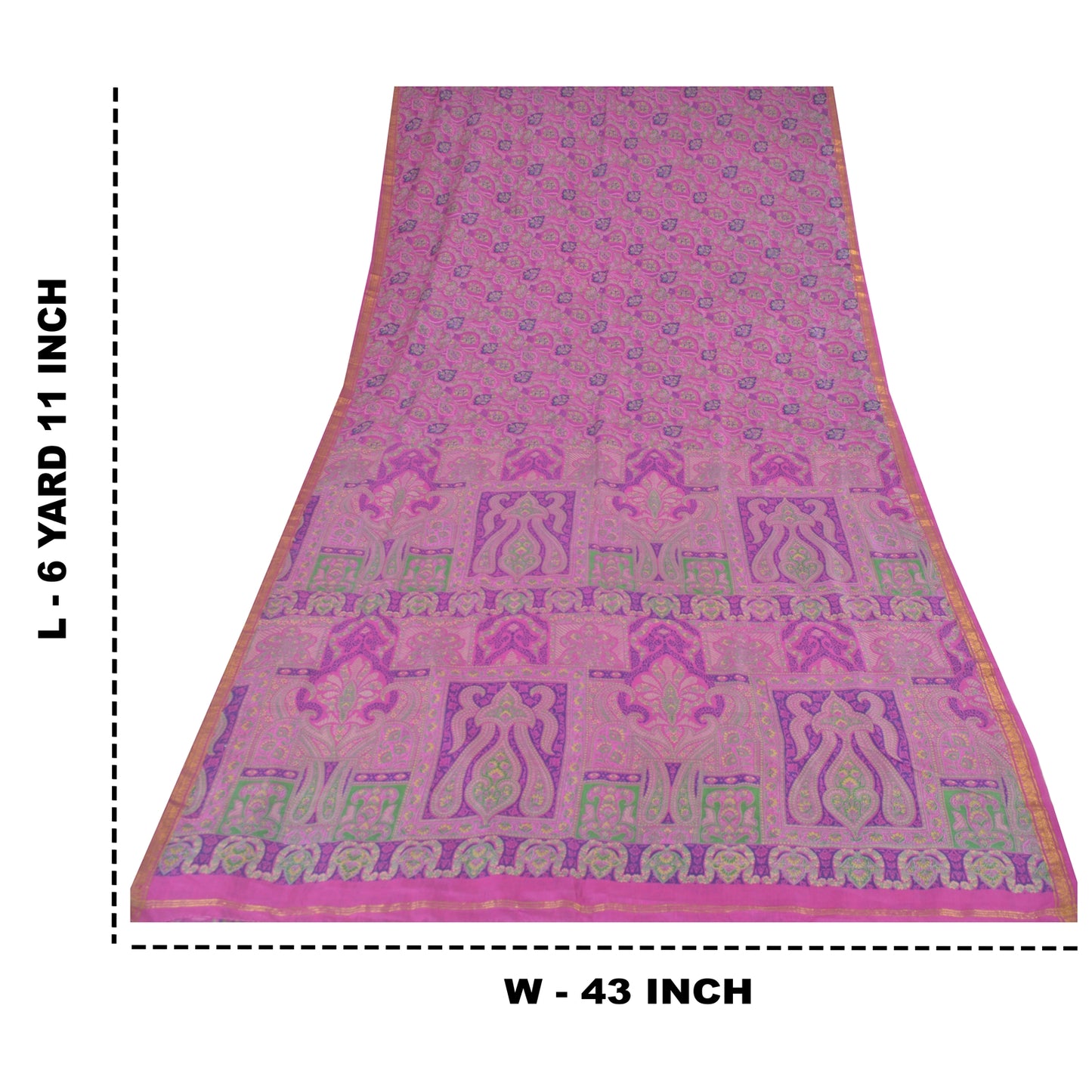 Sanskriti Vintage Sarees Purple Zari Border Pure Silk Printed Sari 6yd Fabric