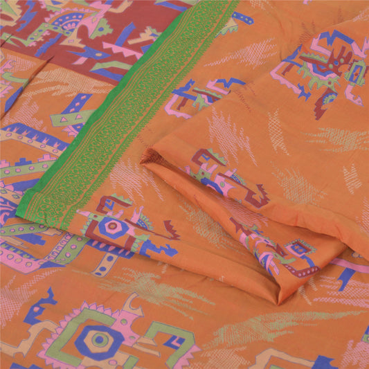 Sanskriti Vintage Sarees Orange 100% Pure Silk Printed Sari 6yd Craft Fabric