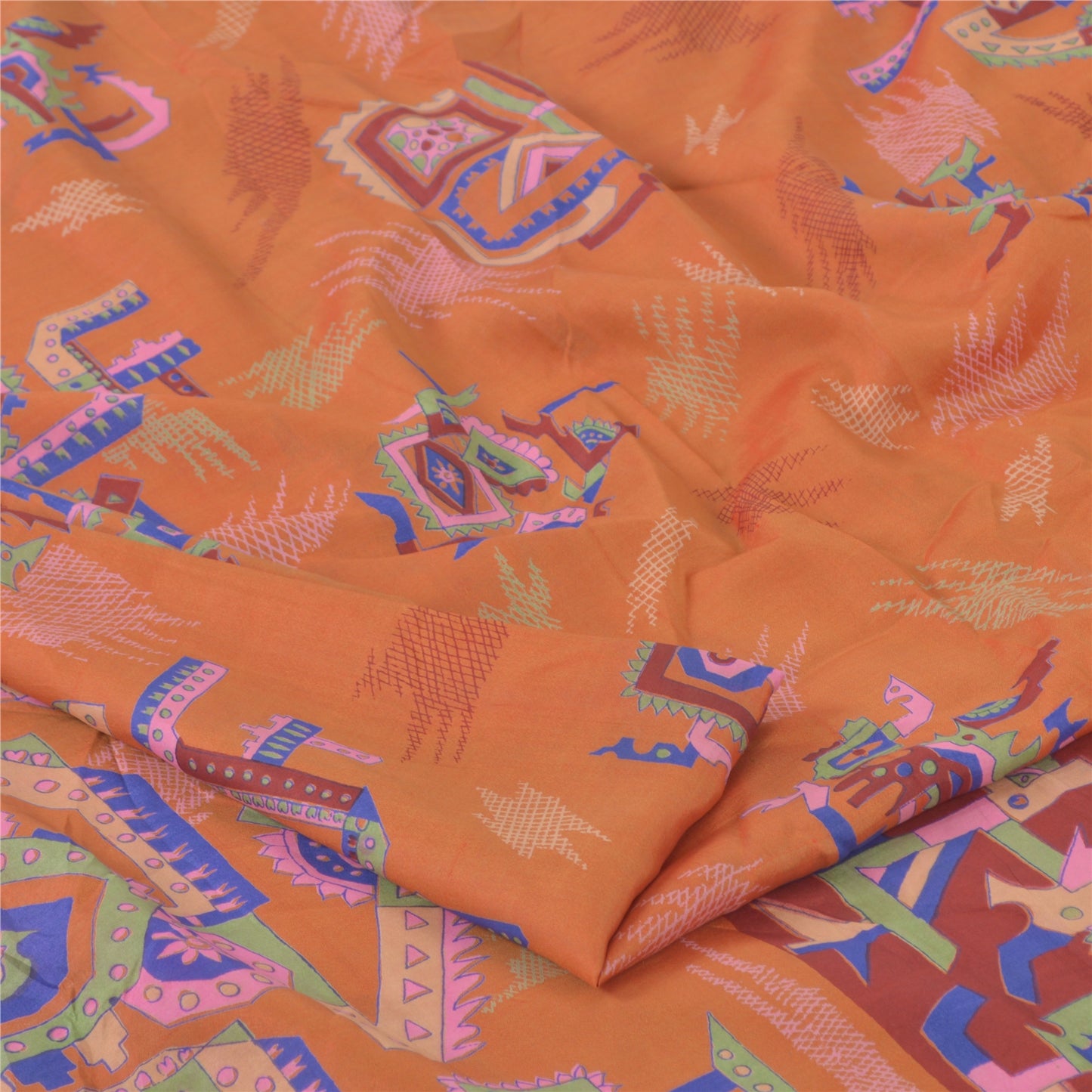 Sanskriti Vintage Sarees Orange 100% Pure Silk Printed Sari 6yd Craft Fabric