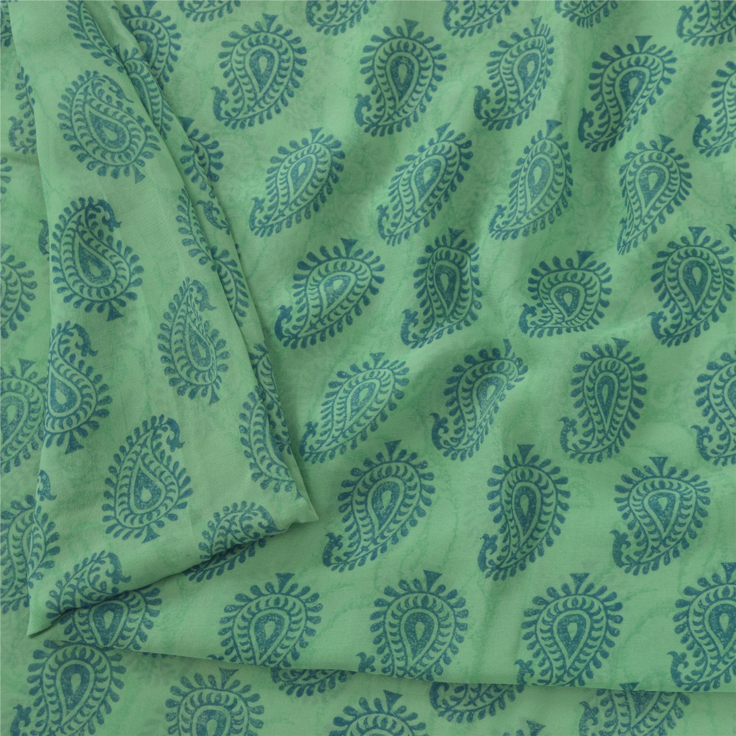 Sanskriti Vintage Sarees Green/Blue Blend Georgette BlockPrint Woven Sari Fabric