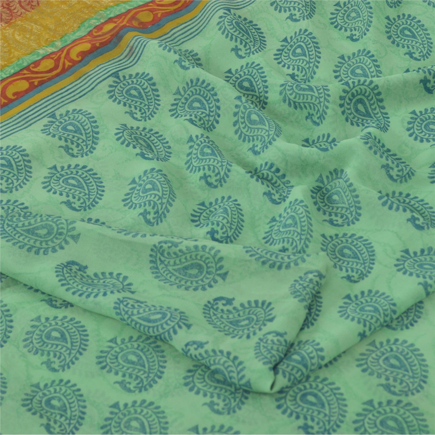 Sanskriti Vintage Sarees Green/Blue Blend Georgette BlockPrint Woven Sari Fabric