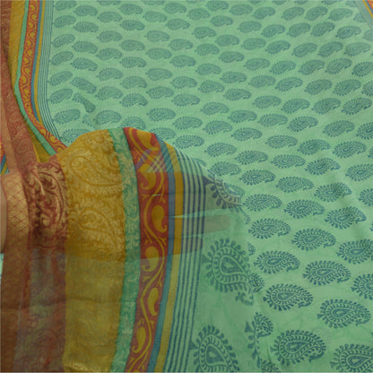 Sanskriti Vintage Sarees Green/Blue Blend Georgette BlockPrint Woven Sari Fabric