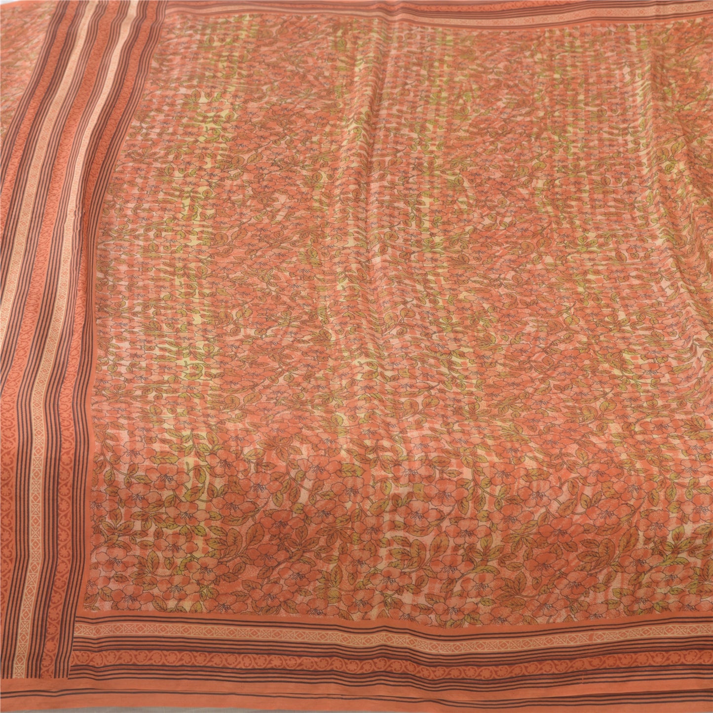 Sanskriti Vintage Sarees Peach Indian Pure Silk Printed Sari 5yd Craft Fabric