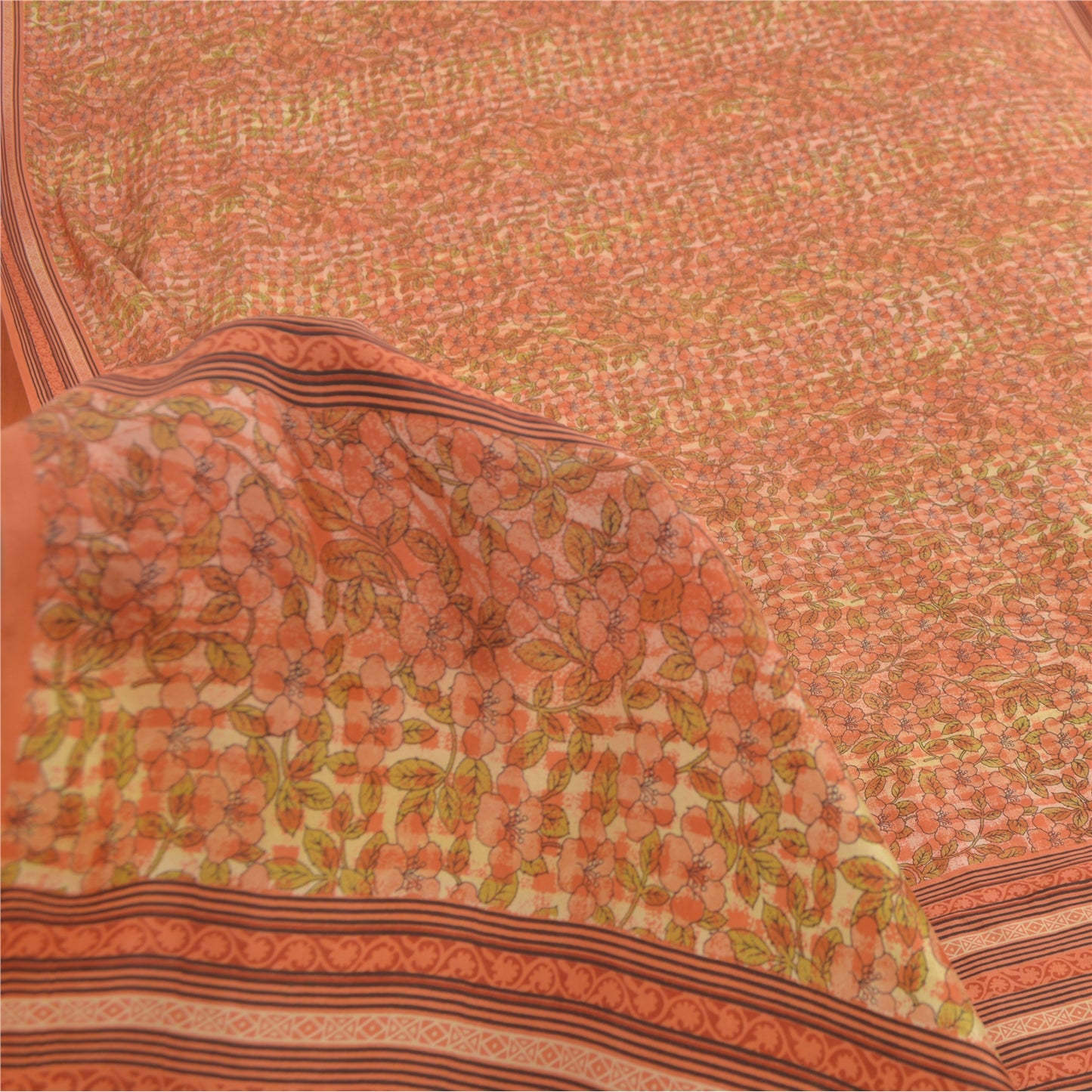 Sanskriti Vintage Sarees Peach Indian Pure Silk Printed Sari 5yd Craft Fabric