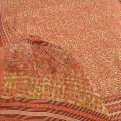 Sanskriti Vintage Sarees Peach Indian Pure Silk Printed Sari 5yd Craft Fabric