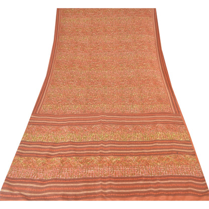 Sanskriti Vintage Sarees Peach Indian Pure Silk Printed Sari 5yd Craft Fabric