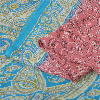 Sanskriti Vintage Sarees Pink/Blue 100% Pure Silk Printed Sari 5yd Craft Fabric