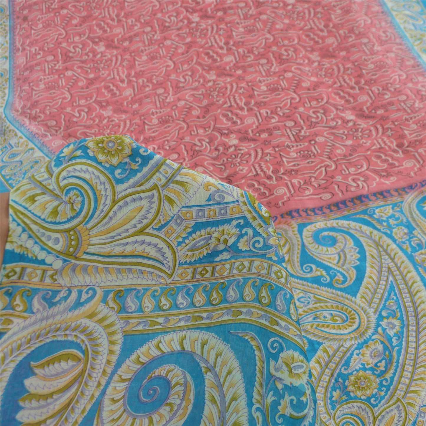 Sanskriti Vintage Sarees Pink/Blue 100% Pure Silk Printed Sari 5yd Craft Fabric