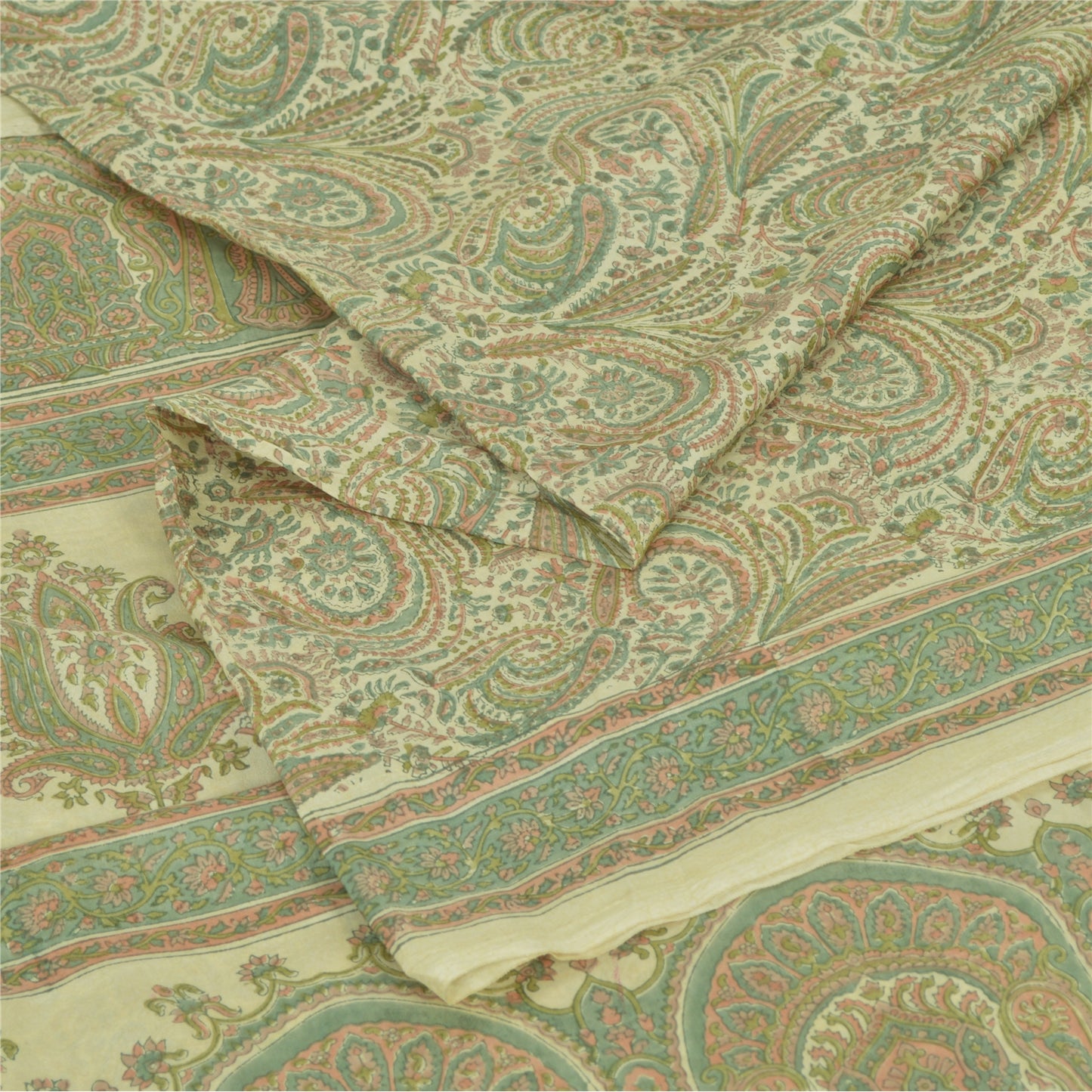 Sanskriti Vintage Sarees Olive Green 100% Pure Silk Print Sari 6yd Craft Fabric