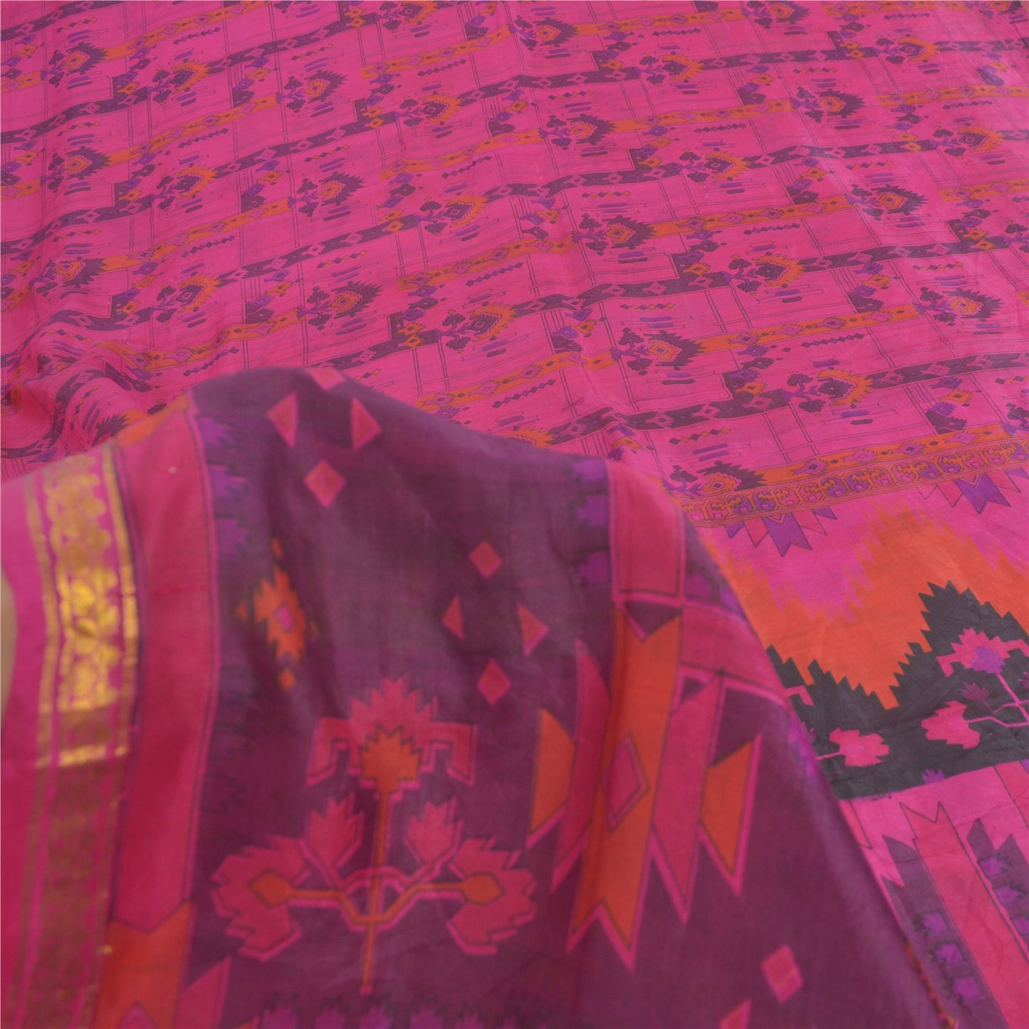 Sanskriti Vintage Sarees Pink Zari Border Pure Silk Print Sari 6yd Craft Fabric