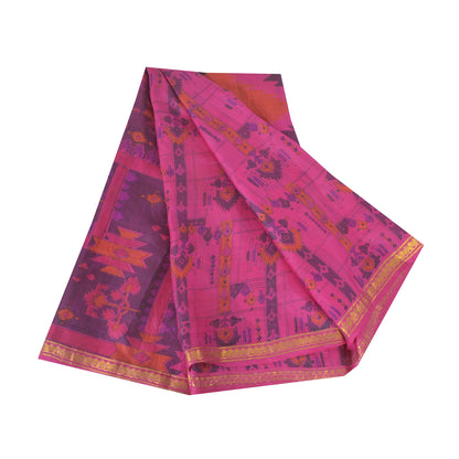 Sanskriti Vintage Sarees Pink Zari Border Pure Silk Print Sari 6yd Craft Fabric