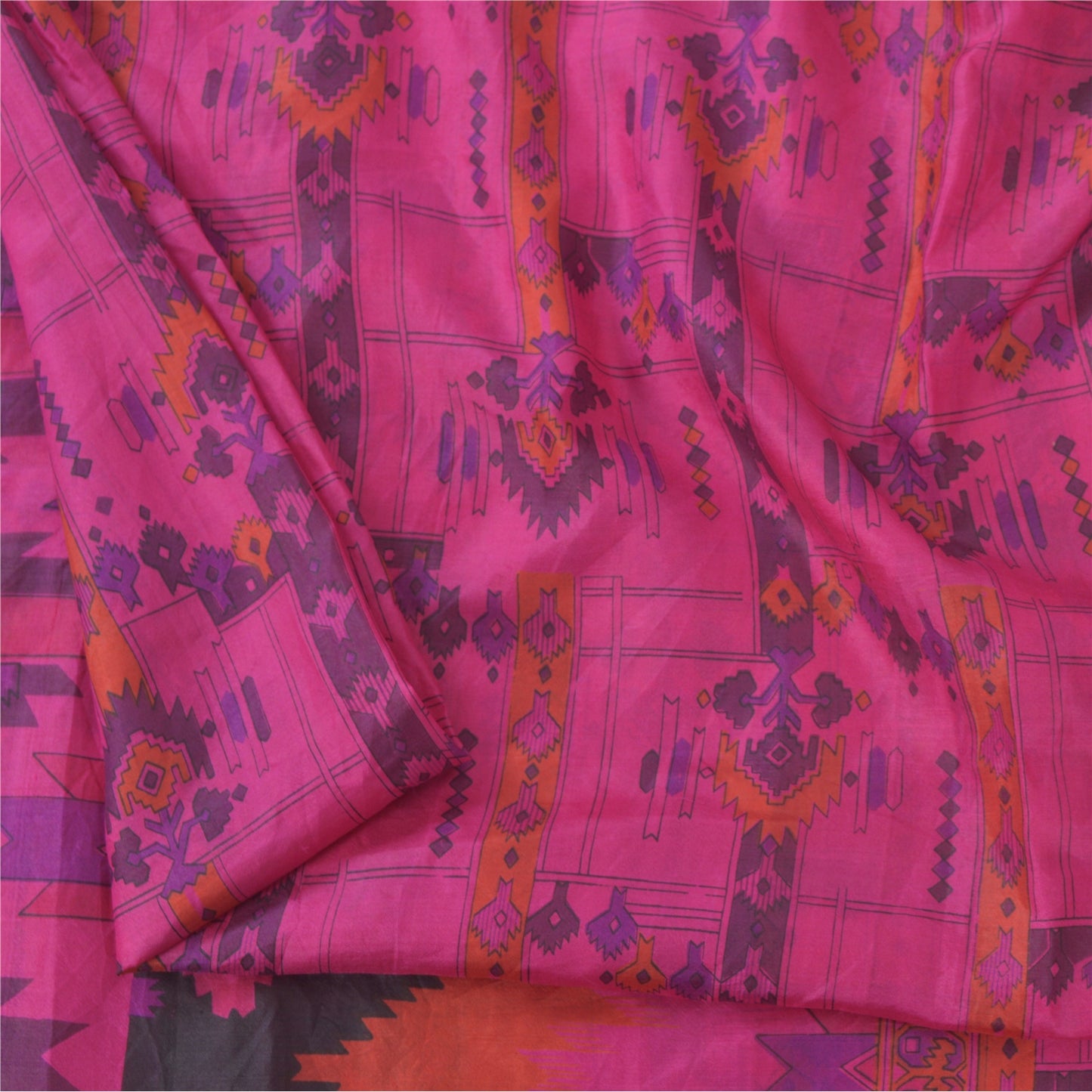 Sanskriti Vintage Sarees Pink Zari Border Pure Silk Print Sari 6yd Craft Fabric