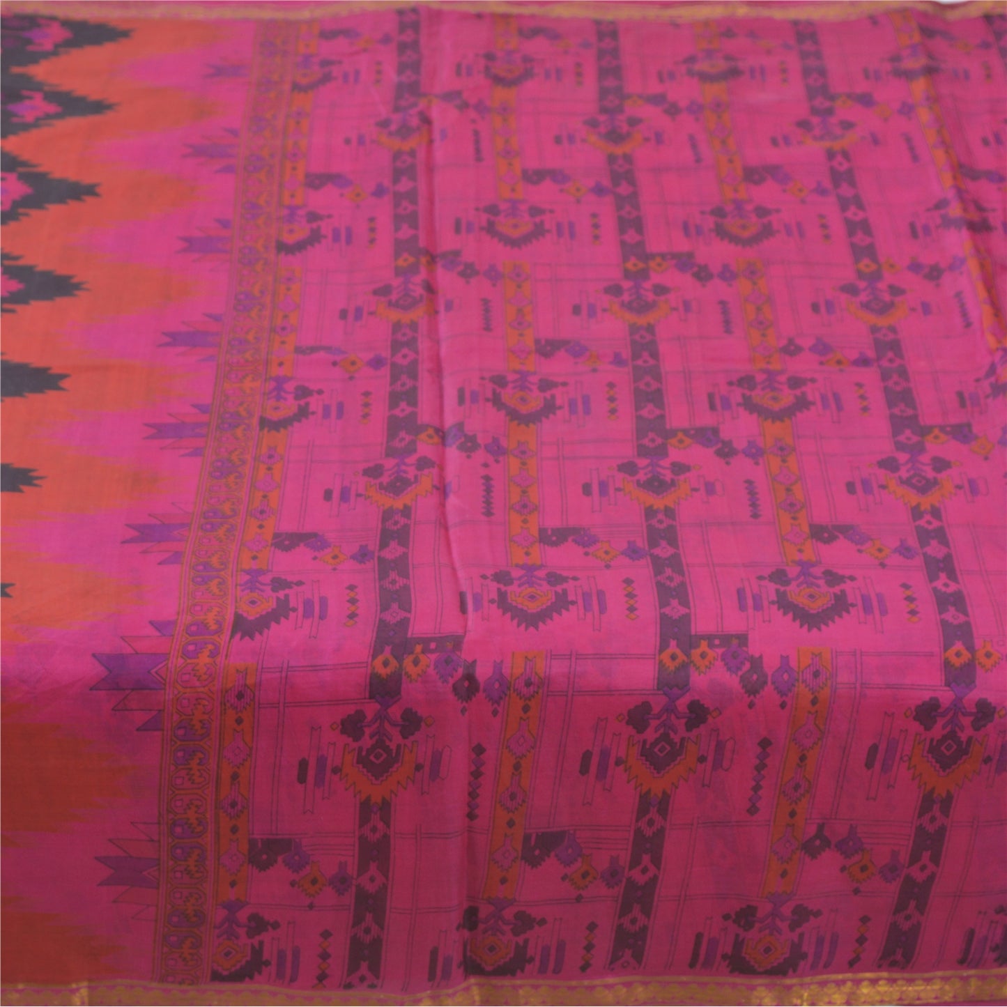 Sanskriti Vintage Sarees Pink Zari Border Pure Silk Print Sari 6yd Craft Fabric