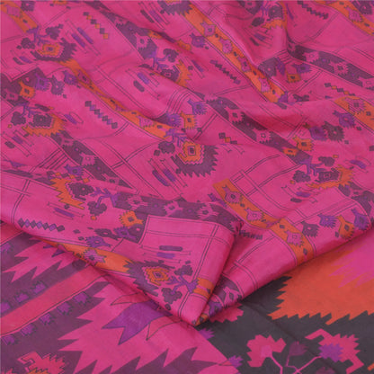 Sanskriti Vintage Sarees Pink Zari Border Pure Silk Print Sari 6yd Craft Fabric