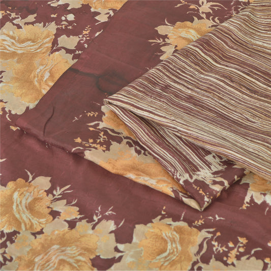 Sanskriti Vintage Sarees Brown Indian Pure Silk Printed Sari 5yd Craft Fabric