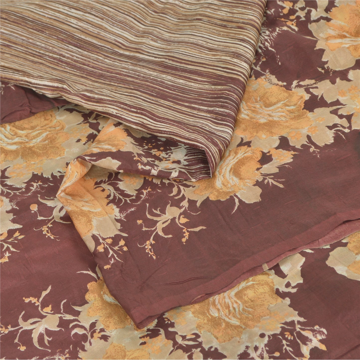 Sanskriti Vintage Sarees Brown Indian Pure Silk Printed Sari 5yd Craft Fabric