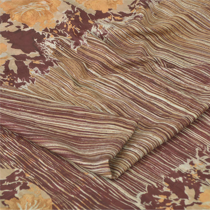 Sanskriti Vintage Sarees Brown Indian Pure Silk Printed Sari 5yd Craft Fabric