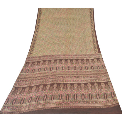 Sanskriti Vintage Sarees Cream/Brown Woven Print Cotton Silk Sari Craft Fabric