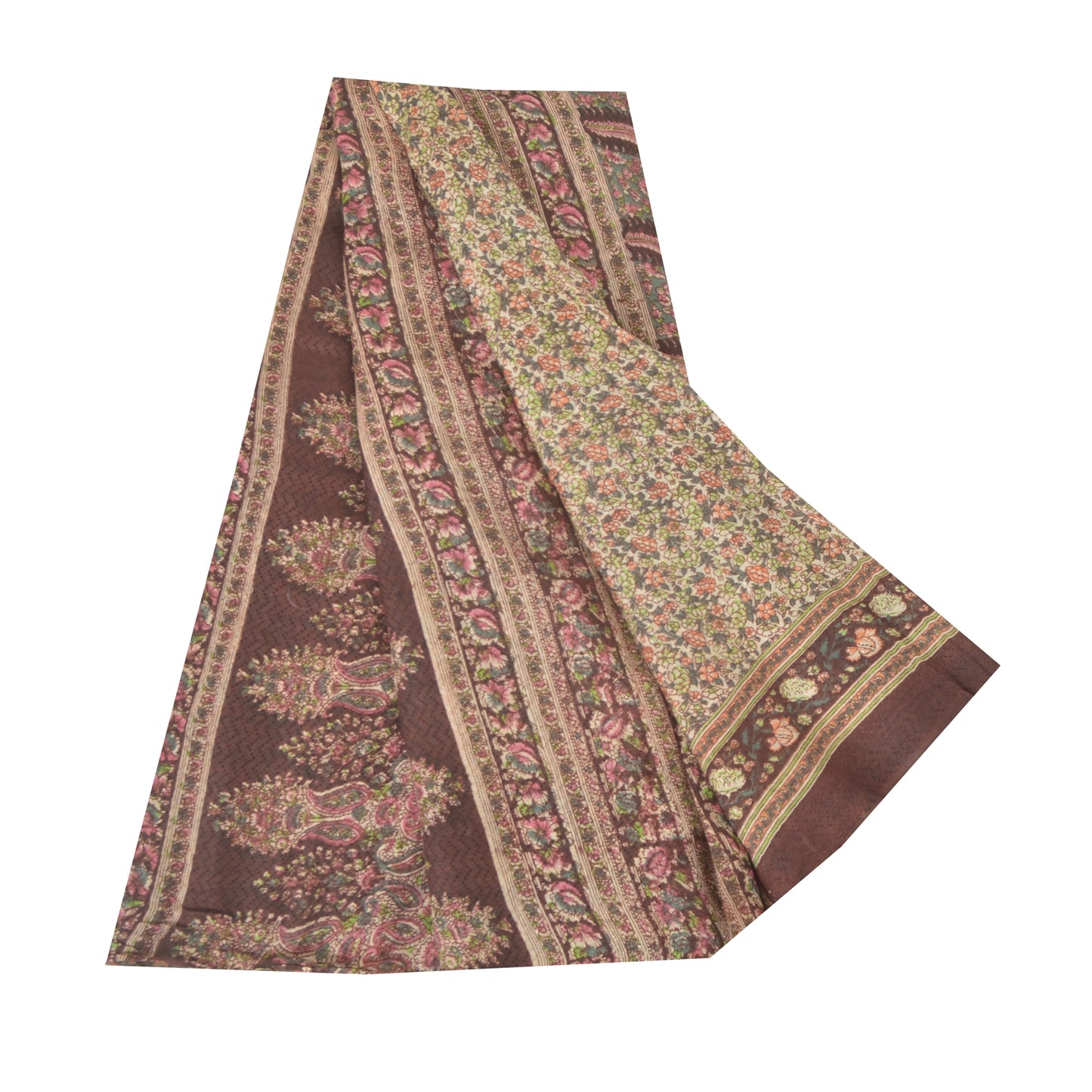 Sanskriti Vintage Sarees Cream/Brown Woven Print Cotton Silk Sari Craft Fabric