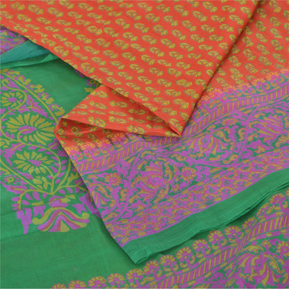 Sanskriti Vintage Sarees Indian Orange Pure Silk Printed Sari 5yd Craft Fabric