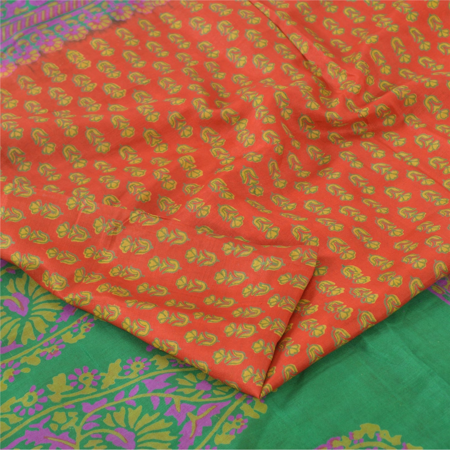 Sanskriti Vintage Sarees Indian Orange Pure Silk Printed Sari 5yd Craft Fabric