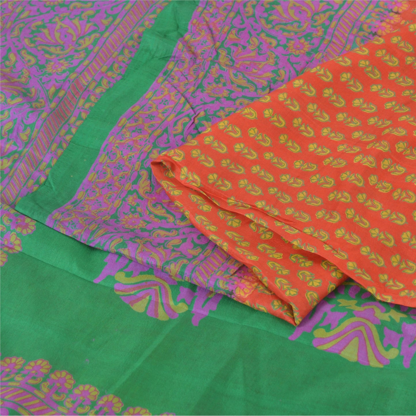 Sanskriti Vintage Sarees Indian Orange Pure Silk Printed Sari 5yd Craft Fabric