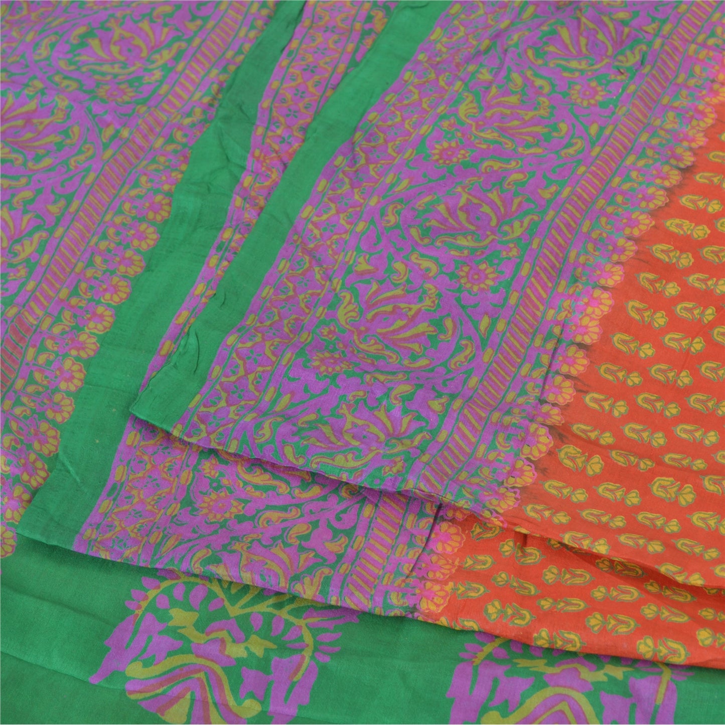 Sanskriti Vintage Sarees Indian Orange Pure Silk Printed Sari 5yd Craft Fabric