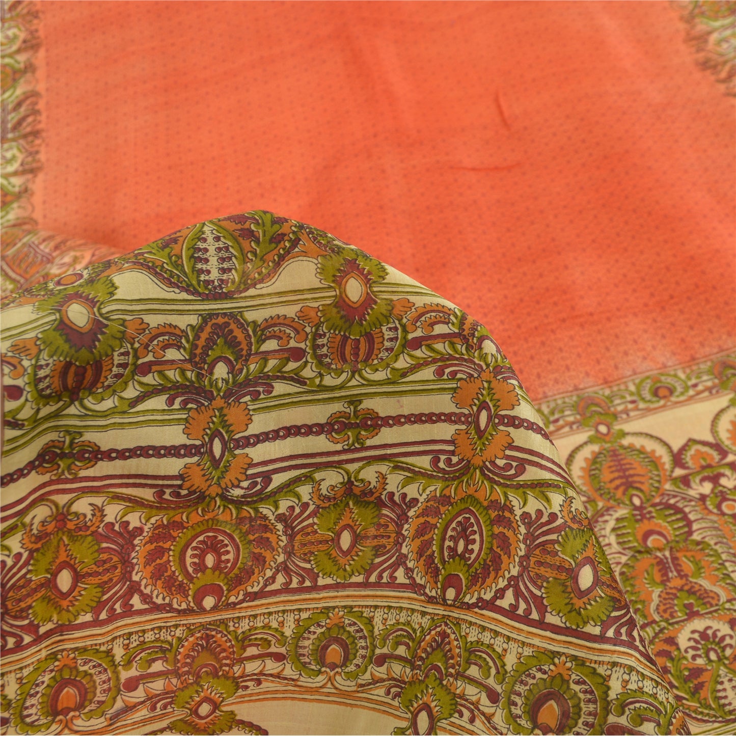 Sanskriti Vintage Sarees Indian Orange Pure Silk Printed Sari 5yd Craft Fabric