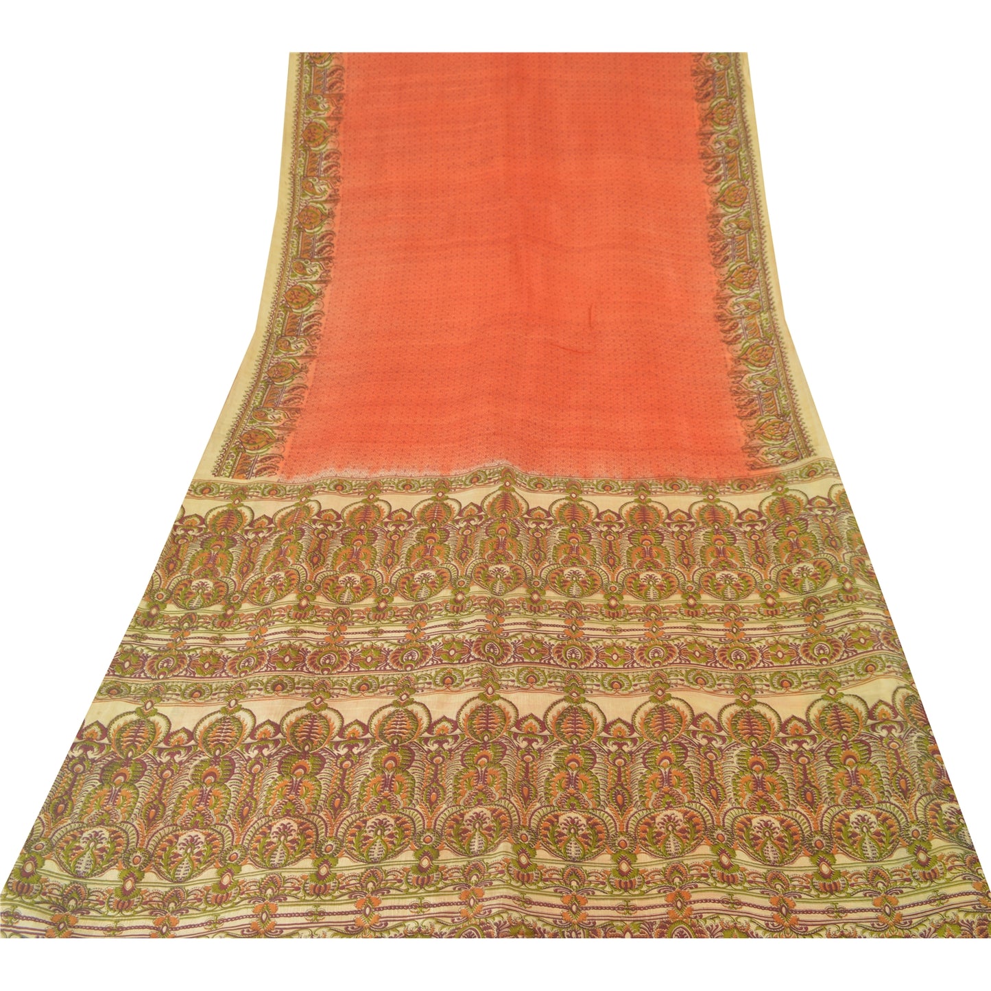 Sanskriti Vintage Sarees Indian Orange Pure Silk Printed Sari 5yd Craft Fabric