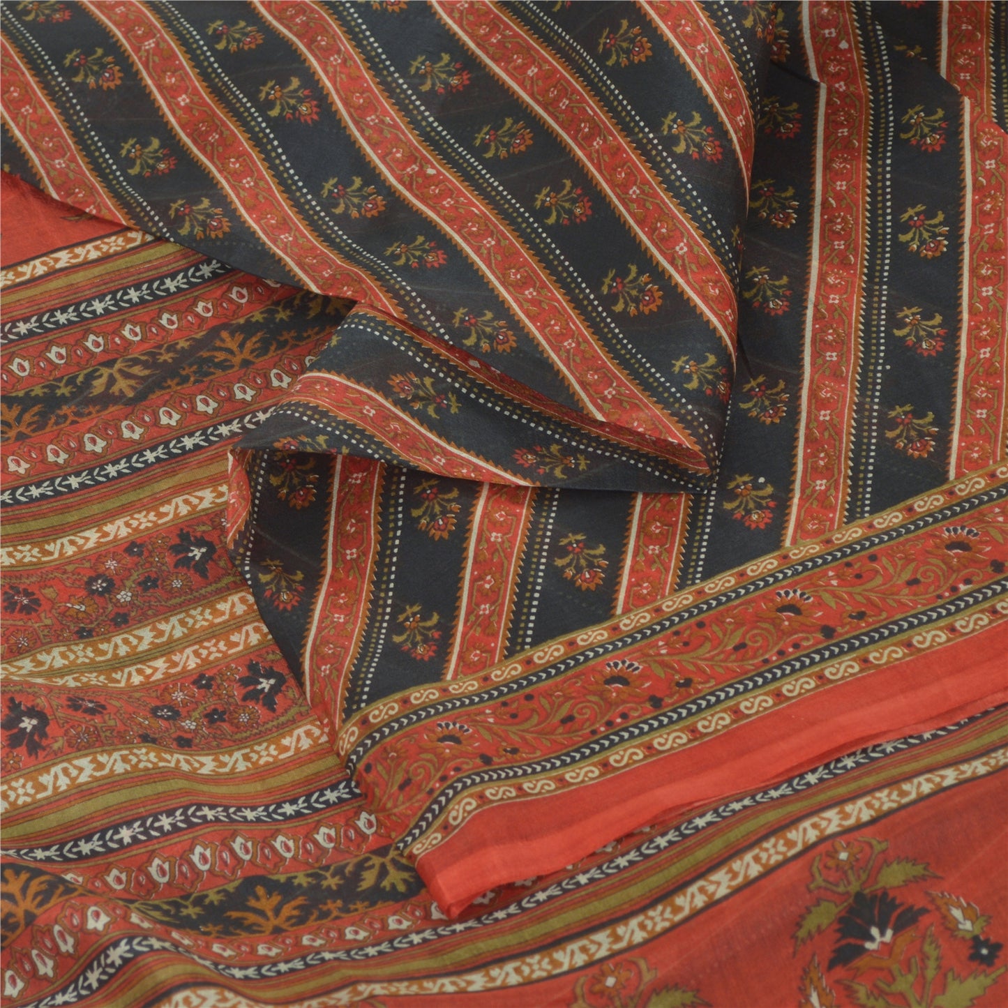 Sanskriti Vintage Sarees Black/Orange Pure Silk Printed Sari 5yd Craft Fabric