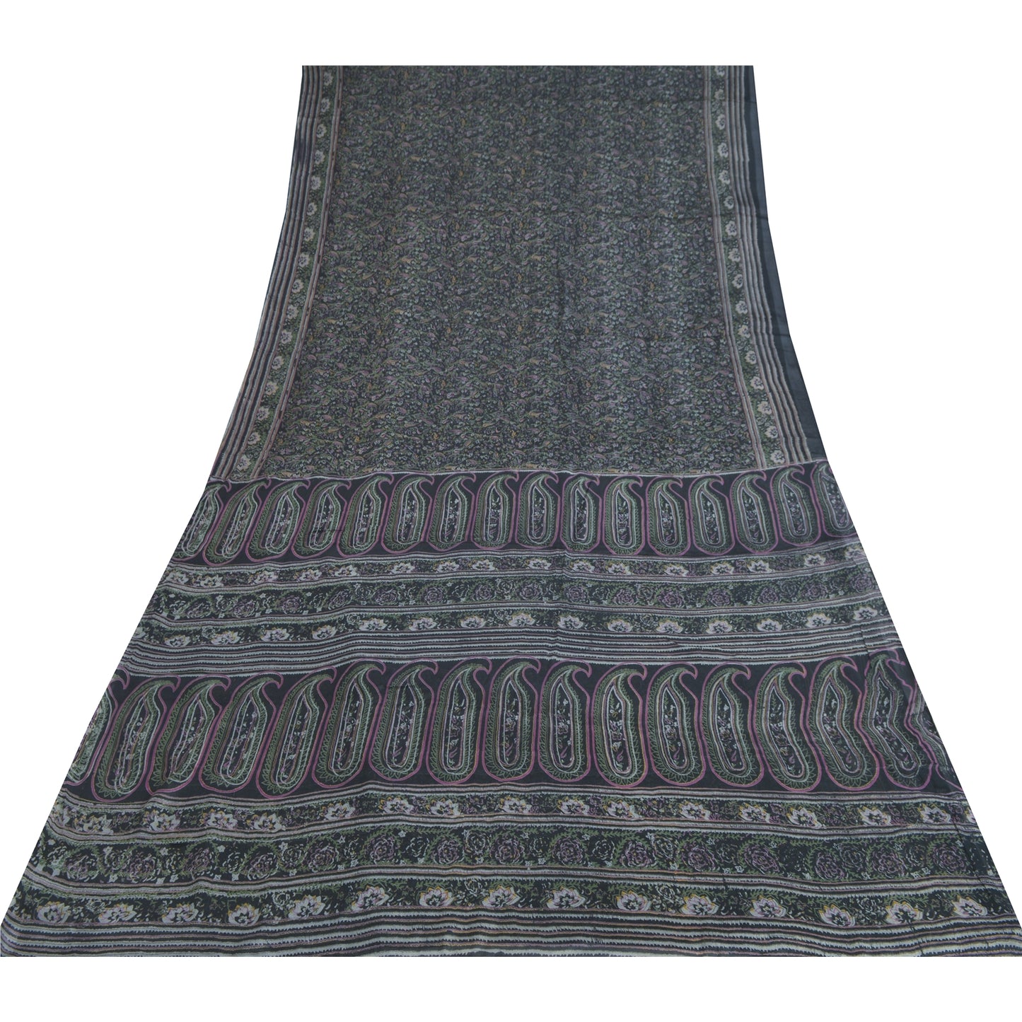 Sanskriti Vintage Sarees Indian Black Pure Silk Printed Sari 5yd Craft Fabric