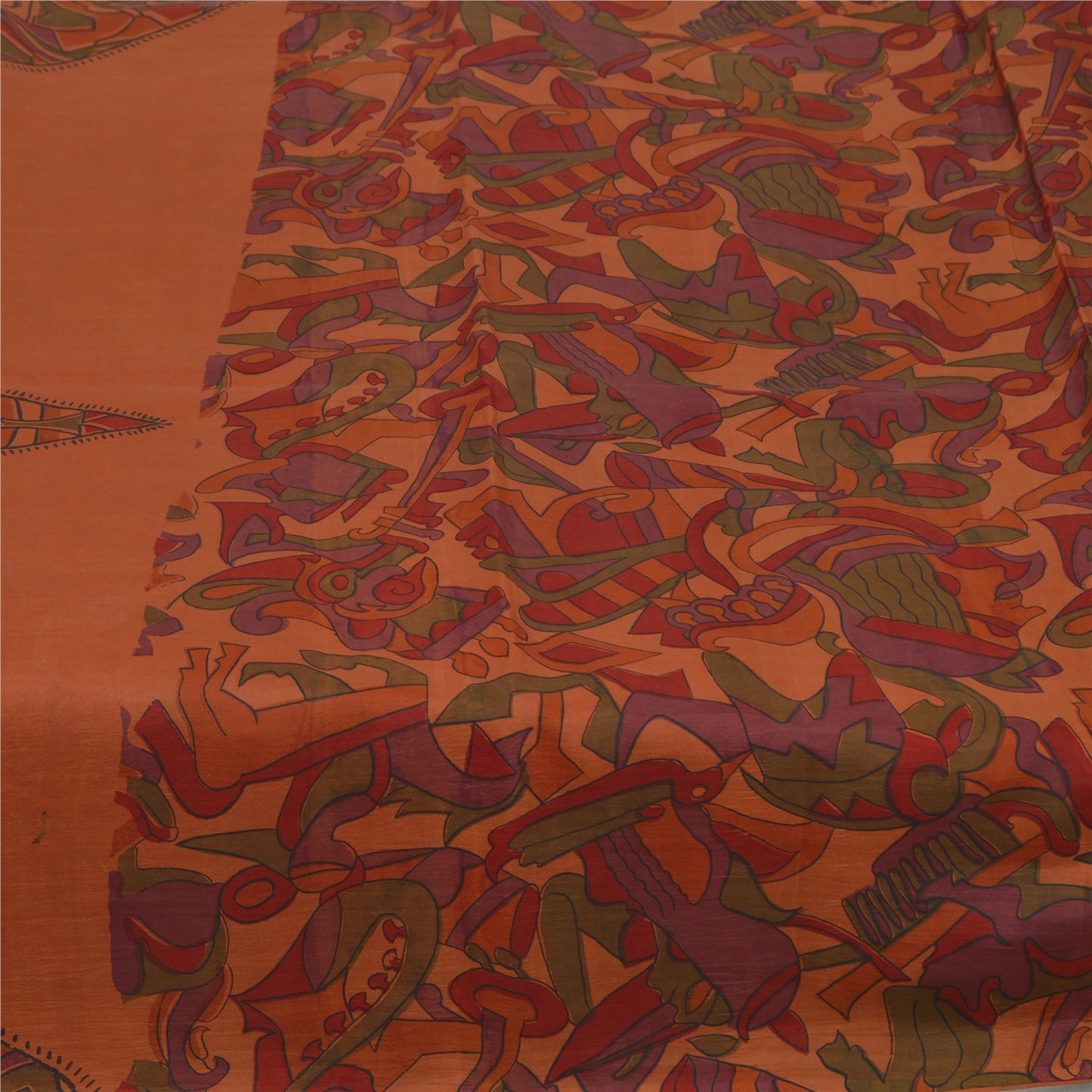 Sanskriti Vintage Sarees Indian Orange Pure Silk Printed Sari 6yd Craft Fabric