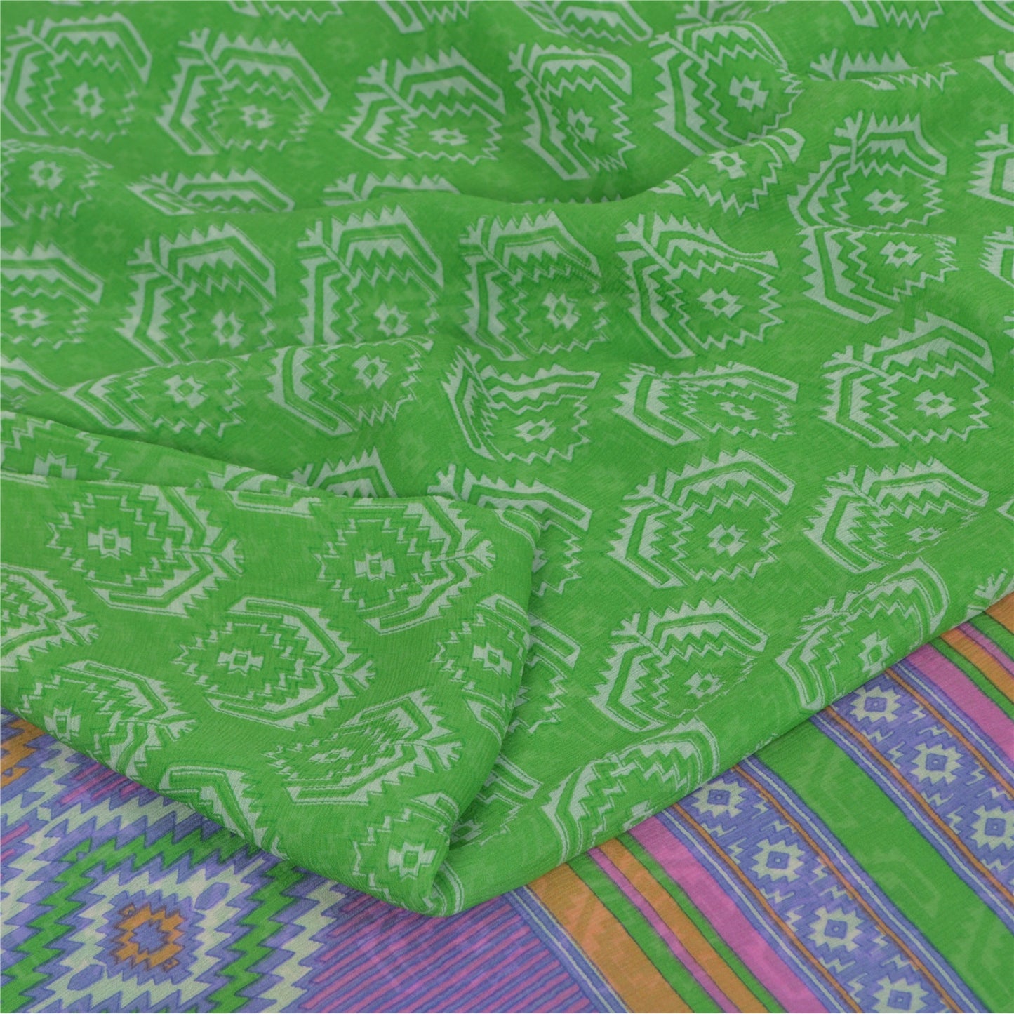 Sanskriti Vintage Sarees Green Pure Chiffon Silk Printed Sari 5yd Craft Fabric