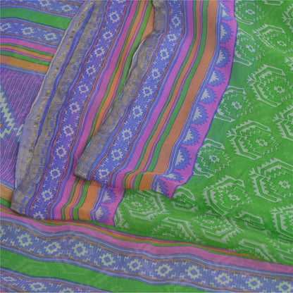 Sanskriti Vintage Sarees Green Pure Chiffon Silk Printed Sari 5yd Craft Fabric