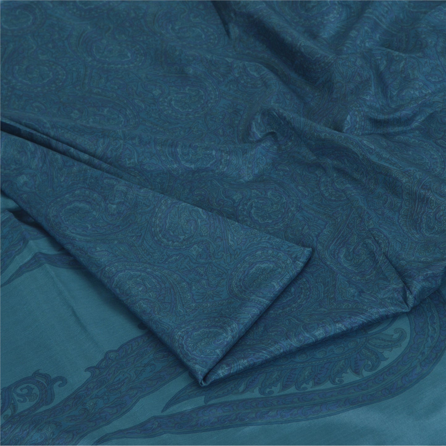 Sanskriti Vintage Sarees Teal Blue 100% Pure Silk Printed Sari 5yd Craft Fabric