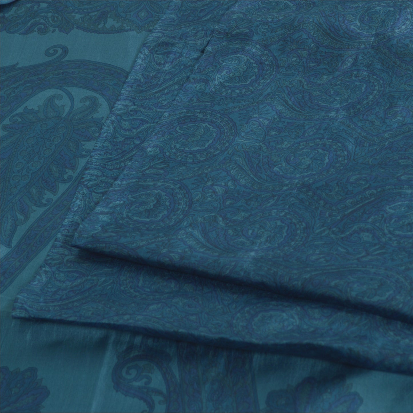 Sanskriti Vintage Sarees Teal Blue 100% Pure Silk Printed Sari 5yd Craft Fabric