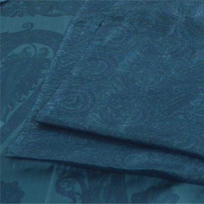 Sanskriti Vintage Sarees Teal Blue 100% Pure Silk Printed Sari 5yd Craft Fabric