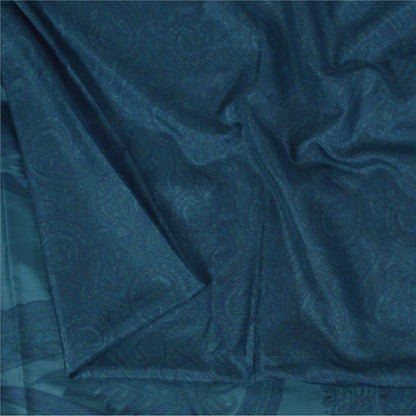 Sanskriti Vintage Sarees Teal Blue 100% Pure Silk Printed Sari 5yd Craft Fabric