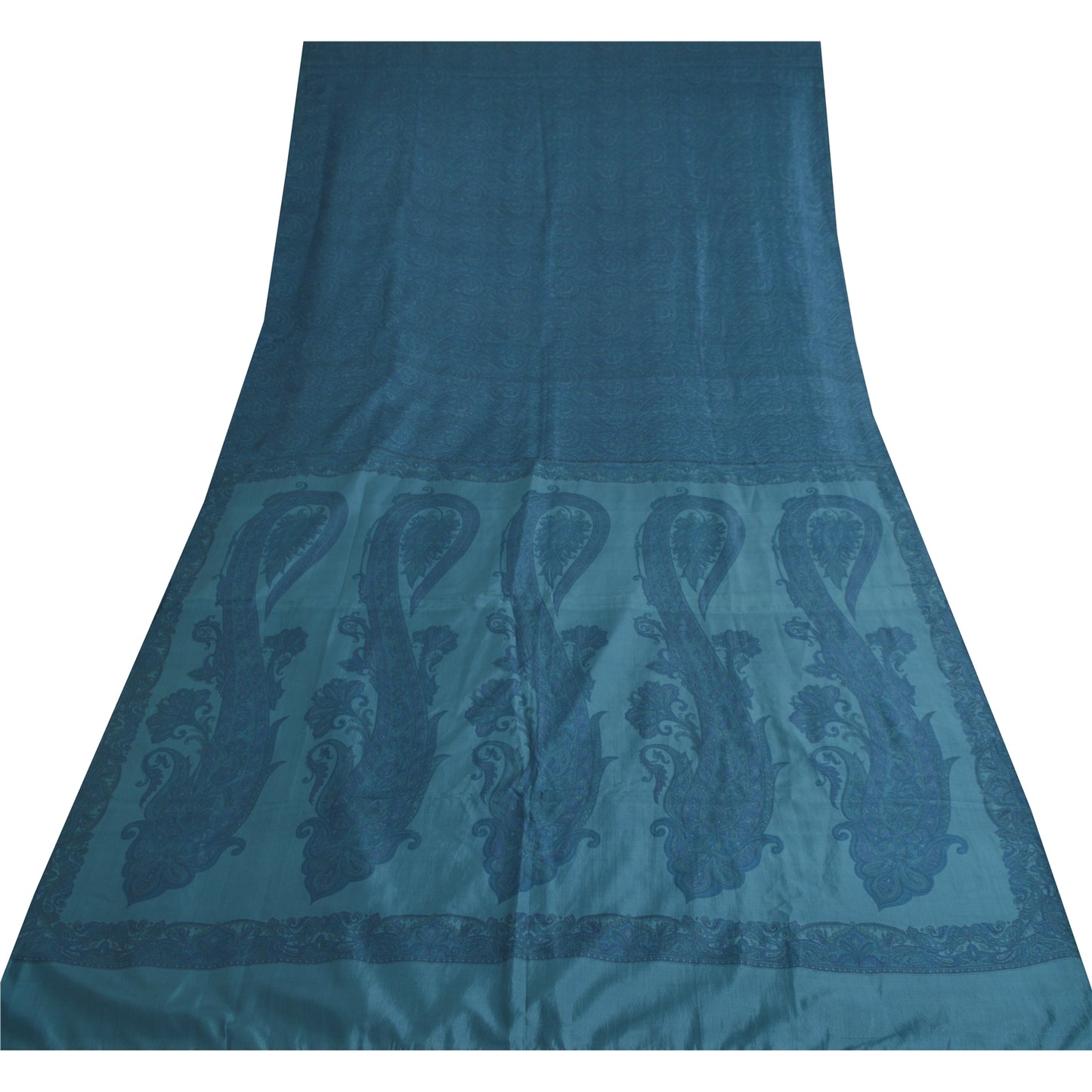 Sanskriti Vintage Sarees Teal Blue 100% Pure Silk Printed Sari 5yd Craft Fabric