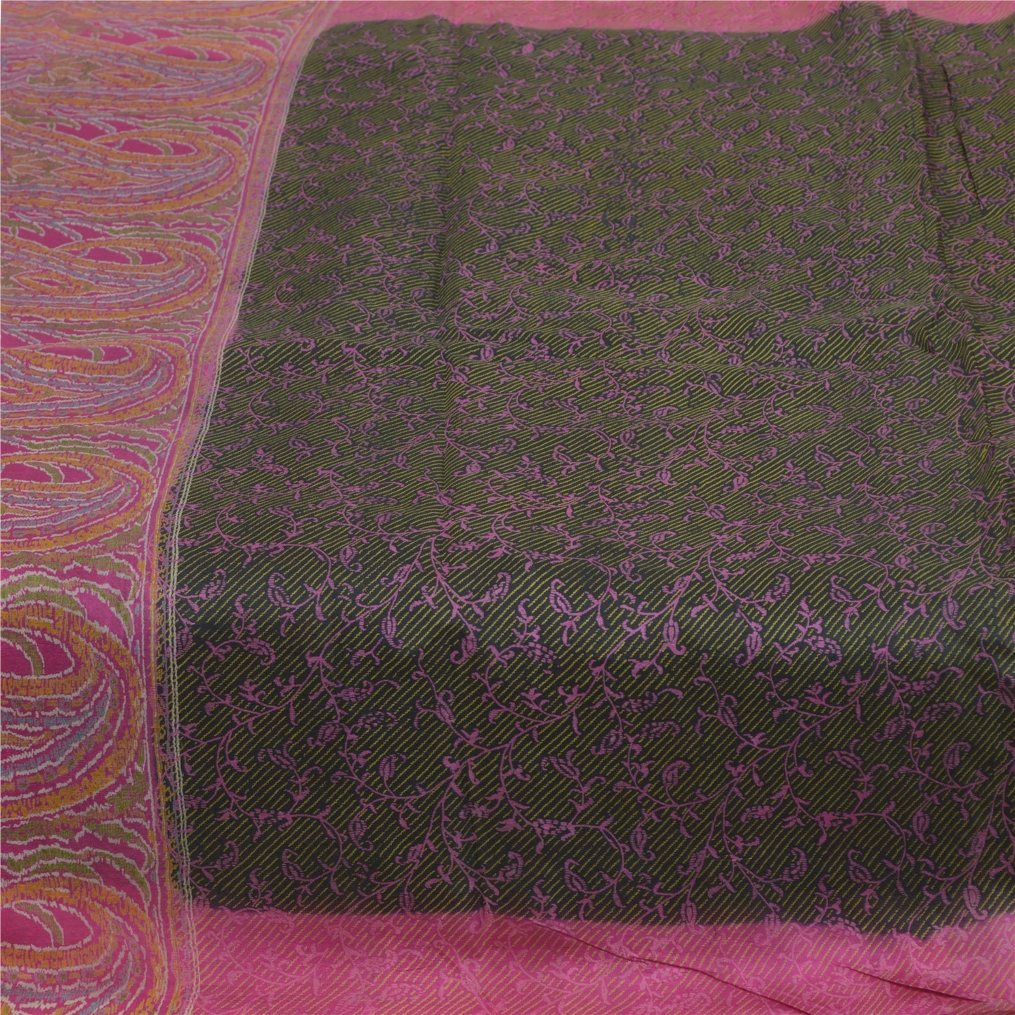 Sanskriti Vintage Sarees Green/Pink Blend Silk Printed Sari 5yd SoftCraft Fabric