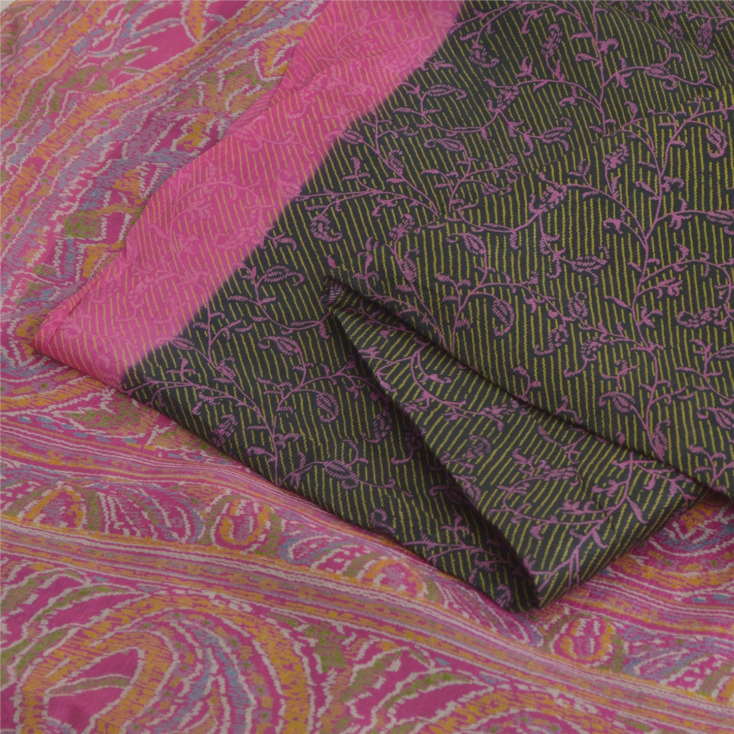 Sanskriti Vintage Sarees Green/Pink Blend Silk Printed Sari 5yd SoftCraft Fabric