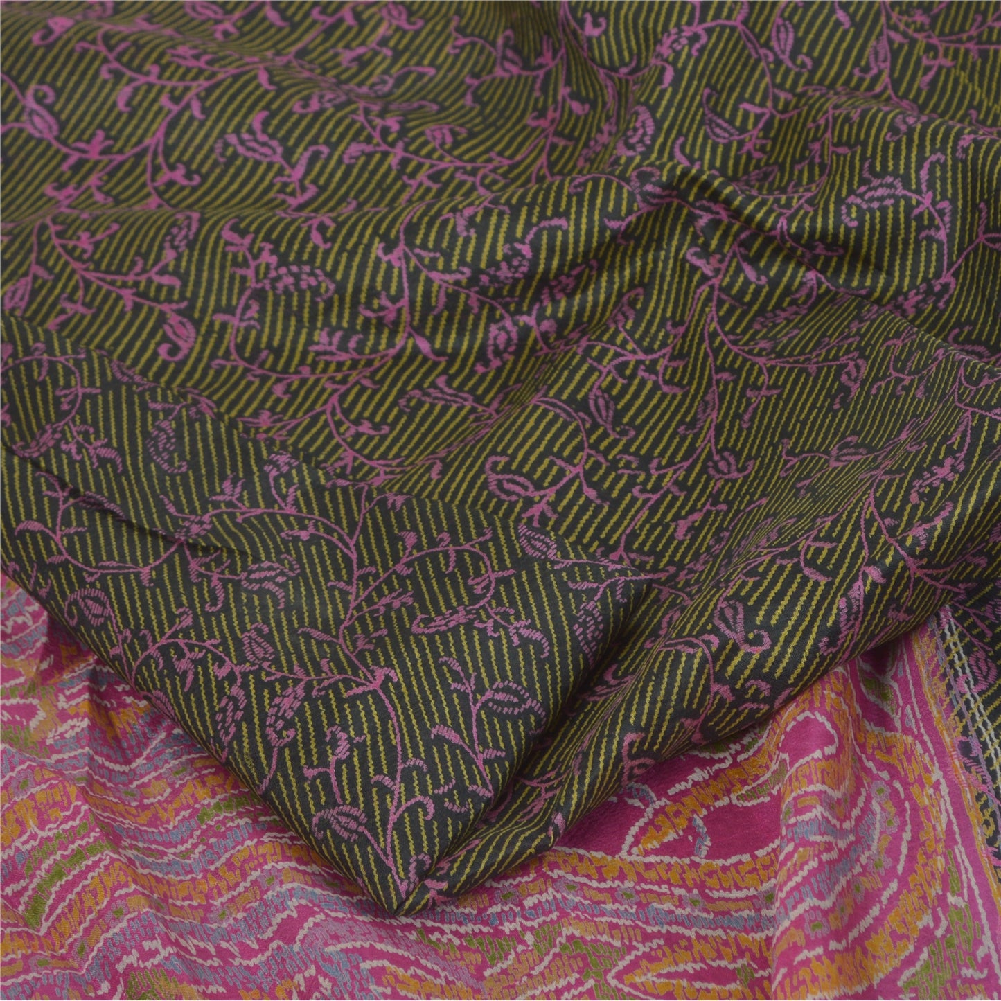 Sanskriti Vintage Sarees Green/Pink Blend Silk Printed Sari 5yd SoftCraft Fabric