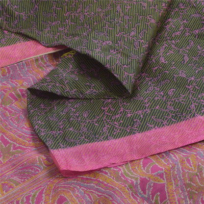 Sanskriti Vintage Sarees Green/Pink Blend Silk Printed Sari 5yd SoftCraft Fabric