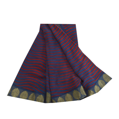 Sanskriti Vintage Sarees Blue/Red Blend Chiffon Printed Woven Sari 5yd Fabric