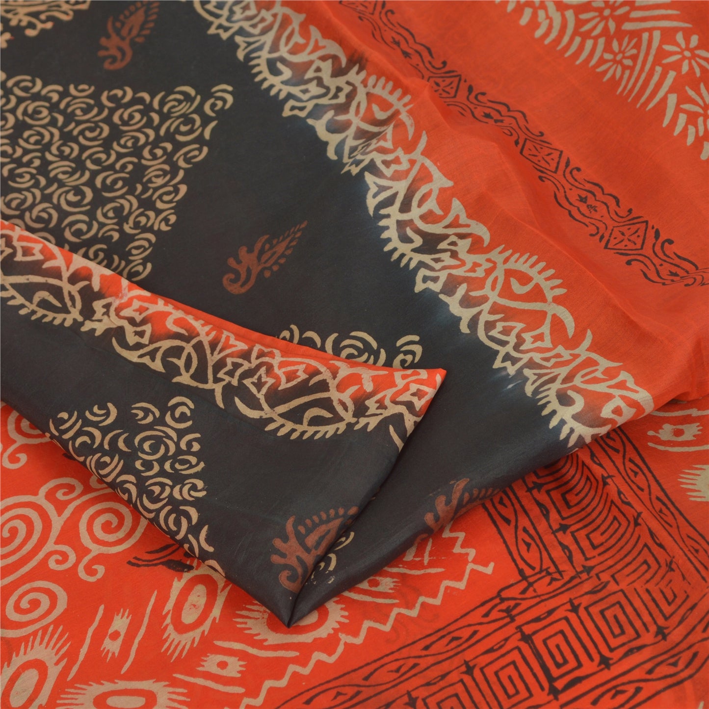 Sanskriti Vintage Sarees Black/Orange Pure Silk Printed Sari 5yd Craft Fabric