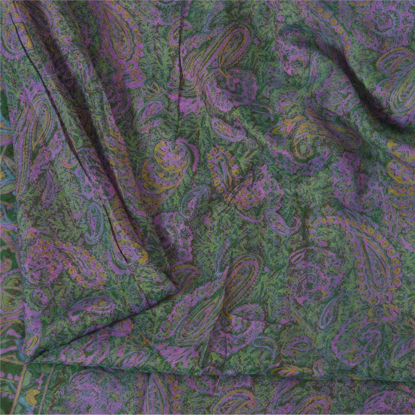 Sanskriti Vintage Sarees Purple/Green Pure Silk Printed Sari 6yd Craft Fabric